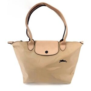 Longchamp Le Pliage Tote Bag Beige Nylon Leather Trim Logo Embroidery Shoulder